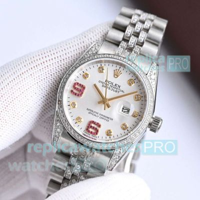Swiss Clone Rolex Datejust Watch Ruby ​​Diamond Dial Silver Ladies Watch 